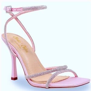 Chase & Chloe ballet pink satin silver rhinestone toestrap ankle strap heels